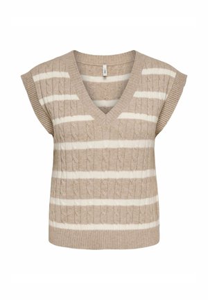 Beige strikket vest med V-hals, korte capærmer og hvide vandrette striber. Har tekstureret kabelmønster og ribbet kant.