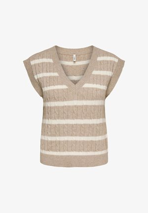 Bežna pletena brezrokavnik z V-izrezom, kratkimi kape rukavi in belimi vodoravnimi črtami. Ima teksturiran kabelski vzorec in rebrast rob.