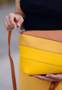 Žlutá a hnědá pruhovaná crossbody kabelka vyrobená z kůže, se stříbrným kováním a nastavitelným hnědým popruhem. Logo zobrazené na přední straně.