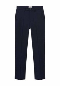 Granatowe spodnie uszyte z gładkiego materiału, z zapięciem na guzik, dwiema przednimi kieszeniami oraz prostym krojem z wyprasowanymi zmarszczkami.