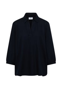 Schwarze Bluse mit langen Ärmeln, Kragen, V-Ausschnitt, elastischen Bündchen und einem Etikett im Ausschnitt mit der Aufschrift "CECIL."