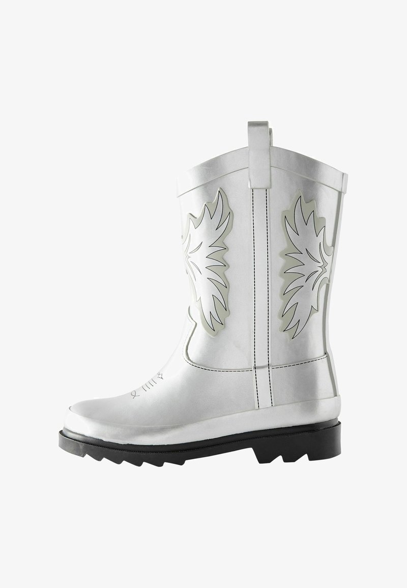 Silver rubber boot with a rounded toe, contrasting black sole, embossed leaf patterns on sides, and a rear pull tab for easy wear.