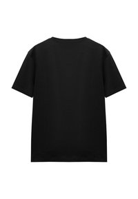 Black cotton t-shirt with short sleeves, standard fit, round neckline, smooth texture, and no visible branding or patterns.