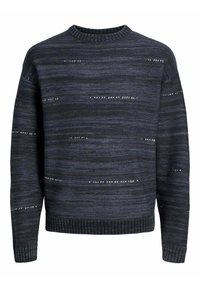 Strickpullover in Dunkelblau mit strukturierten horizontalen Streifen und kleinen offenen Strickdetails. Rippenkragen und -bündchen.