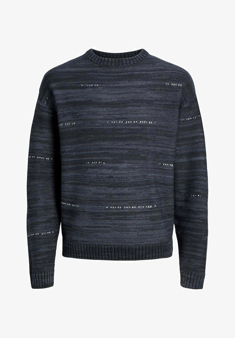 Strickpullover in Dunkelblau mit strukturierten horizontalen Streifen und kleinen offenen Strickdetails. Rippenkragen und -bündchen.