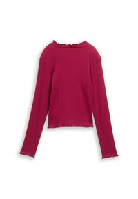 Haut ajusté à manches longues en magenta uni. Il présente un tissu côtelé, une longueur cropped et un col et un ourlet à volants.