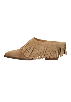 Tan suede flat shoe with pointed toe and fringe detail around the ankle, low stacked heel, side view on white background.