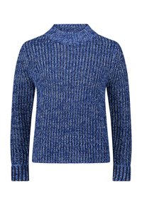Pull en tricot bleu avec un col haut, doté d'un motif texturé et de poignets côtelés. Le tissu est doux, avec un tissage contrastant en bleu clair.