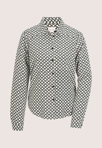 Black and white button-up shirt featuring a geometric pattern of interlocking squares. Made of a smooth fabric with long sleeves and a collared neck.