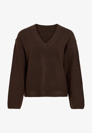 VILA, VILIGA L/S REV V-NECK KNIT TOP - NOOS - Πουλόβερ - coffee bean melange