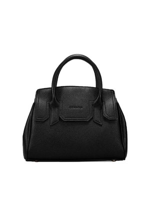 Bolso de mano de cuero negro texturizado con doble asa, forma estructurada y detalles de solapa en la parte frontal sobre un fondo blanco.