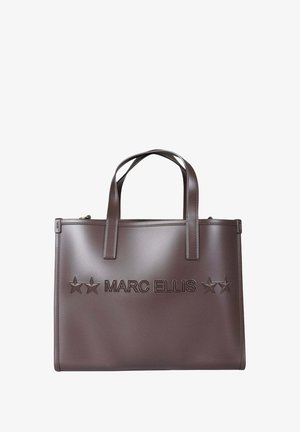 Borsa a mano marrone in sintetico con dettagli in rilievo "MARC ELLIS" e stelle. Dotata di due manici robusti e una finitura liscia e lucida.