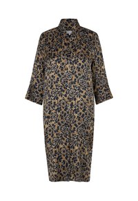 Blumenmuster-Kleid mit kragenförmigem Ausschnitt, Dreiviertelärmeln und schulterlangem Schnitt in Dunkelblau, Gold und Schwarz.
