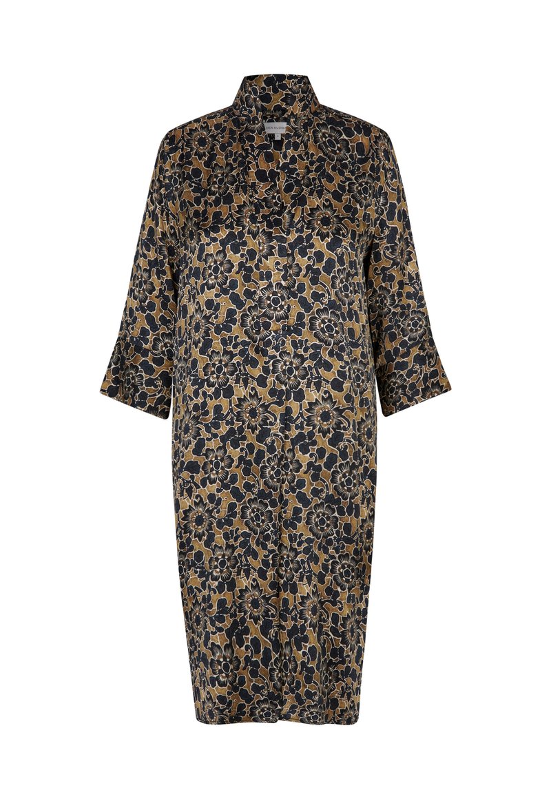 Blumenmuster-Kleid mit kragenförmigem Ausschnitt, Dreiviertelärmeln und schulterlangem Schnitt in Dunkelblau, Gold und Schwarz.