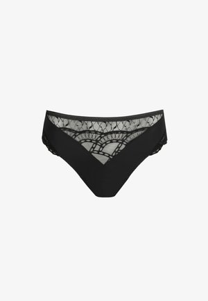 Ropa interior estilo bikini de encaje negro con un patrón floral translúcido en la parte delantera y paneles de tela lisa en los costados.