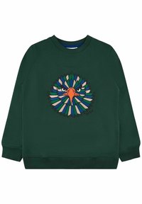Sudadera verde oscura con un colorido bordado de la cara de un águila que presenta plumas azules, verdes y beige, y un pico naranja en el pecho.