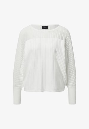 Witte pullovertrui met een geribbelde textuur, lange mouwen en een losse pasvorm. Het ontwerp bevat een glad paneel op de borst.