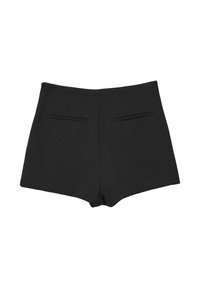 Pantaloni corti neri a vita alta realizzati in tessuto liscio, con zip nascosta, due tasche posteriori e dettagli sartoriali.