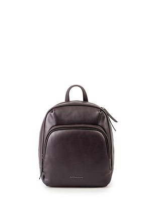 Compact dark brown leather backpack with front zip pocket and top handle, designed for everyday use.