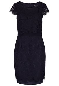 Robe en dentelle bleu marine à manches courtes, silhouette ajustée, motif floral et ourlet festonné. Le corsage présente un revêtement texturé.