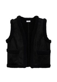 Svart väst med en mjuk textur, som har en plyschig, fluffig foder, öppen front och två framfickor kantade med fluffiga detaljer.