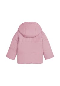 Pružná bunda v jemnej ružovej farbe, s kapucňou, dlhými rukávmi a voľným strihom s prešívaním. Hladký materiál bez viditeľných zapínaní.