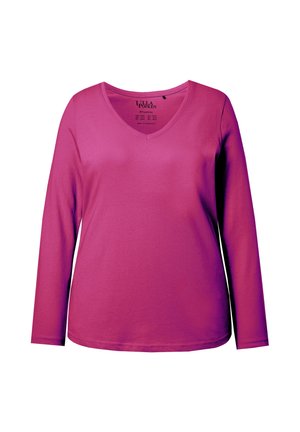 Langärmliges V-Ausschnitt-Shirt in leuchtendem Pink. Glatter Baumwollstoff mit lockerem Schnitt. Verfügt über ein Etikett im Halsausschnitt.