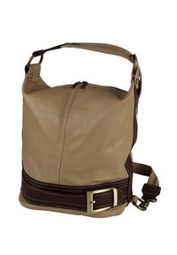 Leren schoudertas in cognackleur met een donkerbruine accentband. Voorzien van een ritssluiting en verstelbare riem met een gespsluiting in goudkleur.