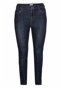 Jeans ajustados en denim azul oscuro con una ligera textura descolorida, diseño de cinco bolsillos, detalles cosidos y cierre de botón en la parte frontal.