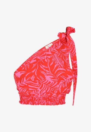 Červený top na jedno rameno s růžovým tropickým listovým vzorem, s nařaseným elastickým lemem a bočním zavazováním pro nastavitelnou velikost.