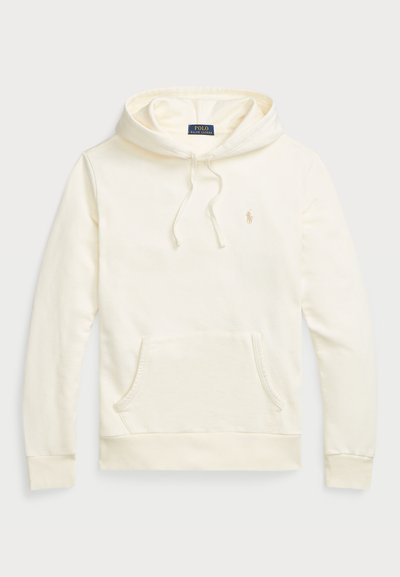 Crème-kleurige hoodie, gemaakt van een katoenmengsel, met een kangoeroezak, verstelbare capuchon en een klein geborduurd logo op de borst. Gladde textuur.