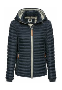 Navyblaue, gesteppte, kapuzenjacke mit durchgehendem Reißverschluss, beiger Innenfutter und seitlichen Taschen mit Reißverschluss und hellbraunen Zuglaschen.
