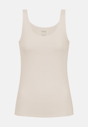 Top in beige con scollatura a forma di barco, realizzato in tessuto liscio e elasticizzato. Presenta bretelle ampie e un design del corpetto aderente.