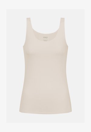Beige tanktop med rundet halsudskæring, lavet af glat, strækbart stof. Den har brede stropper og et tætsiddende bodice-design.