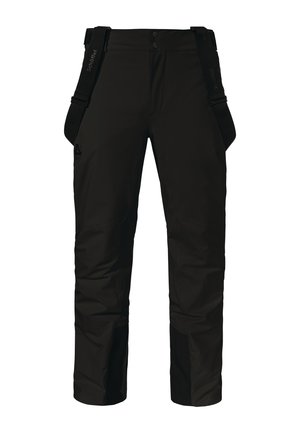 Schwarze Outdoor-Hosen mit verstellbaren Trägern, knöpfbarem Bund sowie verstärkten Knie- und Knöchelbereichen.