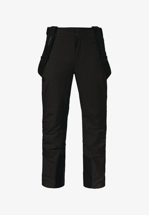 Schwarze Outdoor-Hosen mit verstellbaren Trägern, knöpfbarem Bund sowie verstärkten Knie- und Knöchelbereichen.