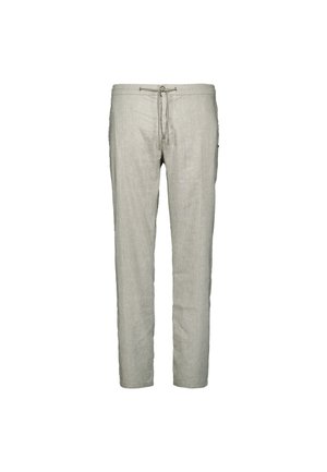 Beige linnen broek met trekkoord, smalle rechte pijpen en voorzakken, ontworpen voor casual dragen.