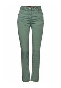 Pantalones verdes de corte Slim Fit, hechos de algodón suave, con cinco bolsillos, cierre frontal con botón y detalles de costura sutiles a lo largo de las costuras.