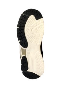 Suela de zapatilla con banda de goma negra y media suela blanca. Presenta un patrón hexagonal, ranuras centrales para tracción y un diseño ligero.