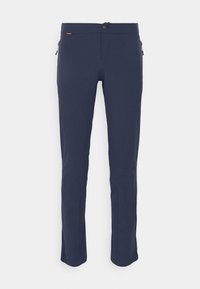 Pantalons bleu marine en matière extensible. Dotés d'une taille plate, de poches latérales zippées et d'un design légèrement fuselé.