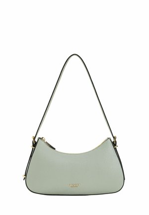 Borsa in pelle verde con design curvo, rifiniture nere a contrasto, hardware dorato e chiusura con zip. Presenta il nome del marchio impresso sul davanti.