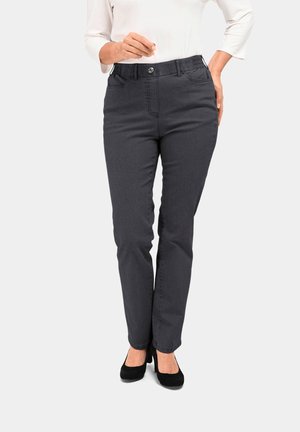 Graue, schmal geschnittene Hose mit Knopfverschluss und seitlichen Taschen. Hergestellt aus gewebtem Stoff, mit glatter Textur und genähten Details.