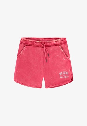 Rode katoenen short met verstelbare tailleband, zijzakken en een afgeronde zoom. Heeft een "BON VOYAGE"-opdruk in het wit.