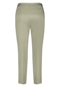 Light green tailored trousers with a smooth texture, featuring a slim fit, back pockets, and a flat front design. No visible fastenings.