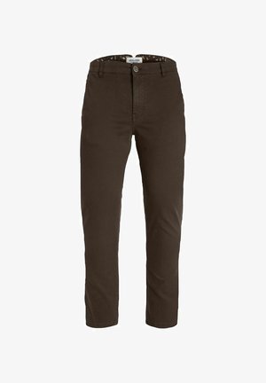 Bruine katoen chinos met een standaard pasvorm, voorzien van een sluiting met een voorknoop, riemlussen en een subtiele patroon aan de binnenkant van de tailleband.