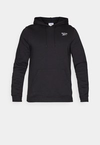 Sweat à capuche noir en mélange de coton. Comprend une poche avant, des cordons de serrage et un petit logo sur le côté gauche de la poitrine.