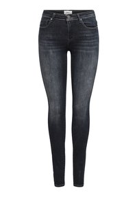 Jeans skinny de lavado oscuro hechos de denim, con un diseño ajustado, cinco bolsillos y un cierre de botón en la cintura.