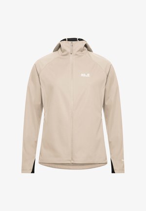 Beige softshell jas met een hoge kraag, voorrits en zwarte accenten bij de manchetten en zoom. Voorzien van een logo op de linkerborst.