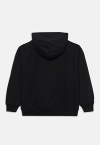 Haut à capuche noir à manches longues avec des poignets et un ourlet côtelés, présenté de dos sur un fond blanc.