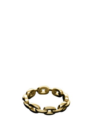 Gold chain ring composed of interlocking, polished oval links forming a continuous band on a white background.